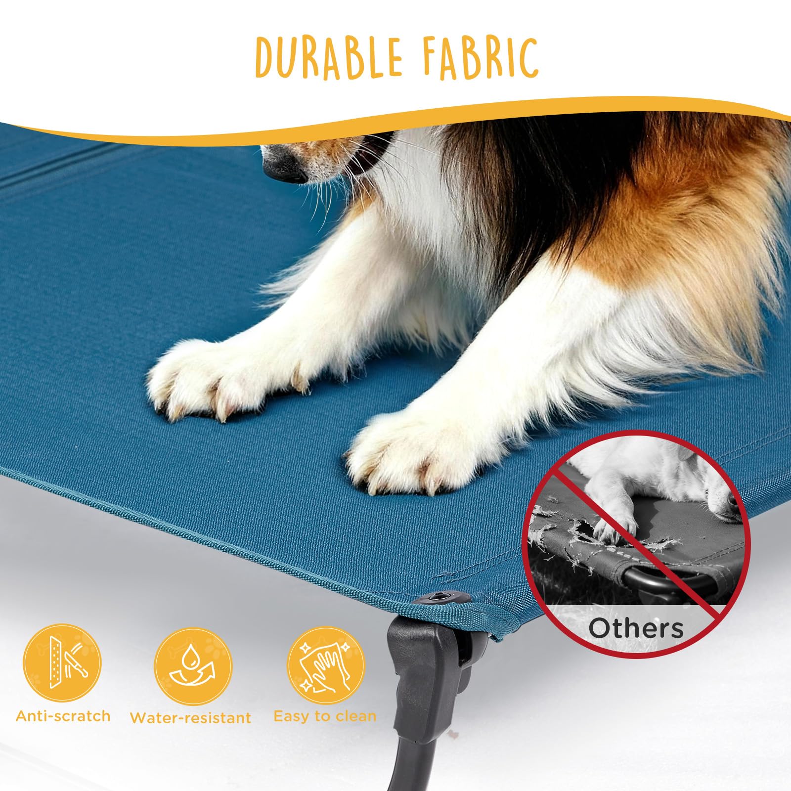 CANINE CANYON folding-raised-dog-bed chew-proof fabric is easy to clean.