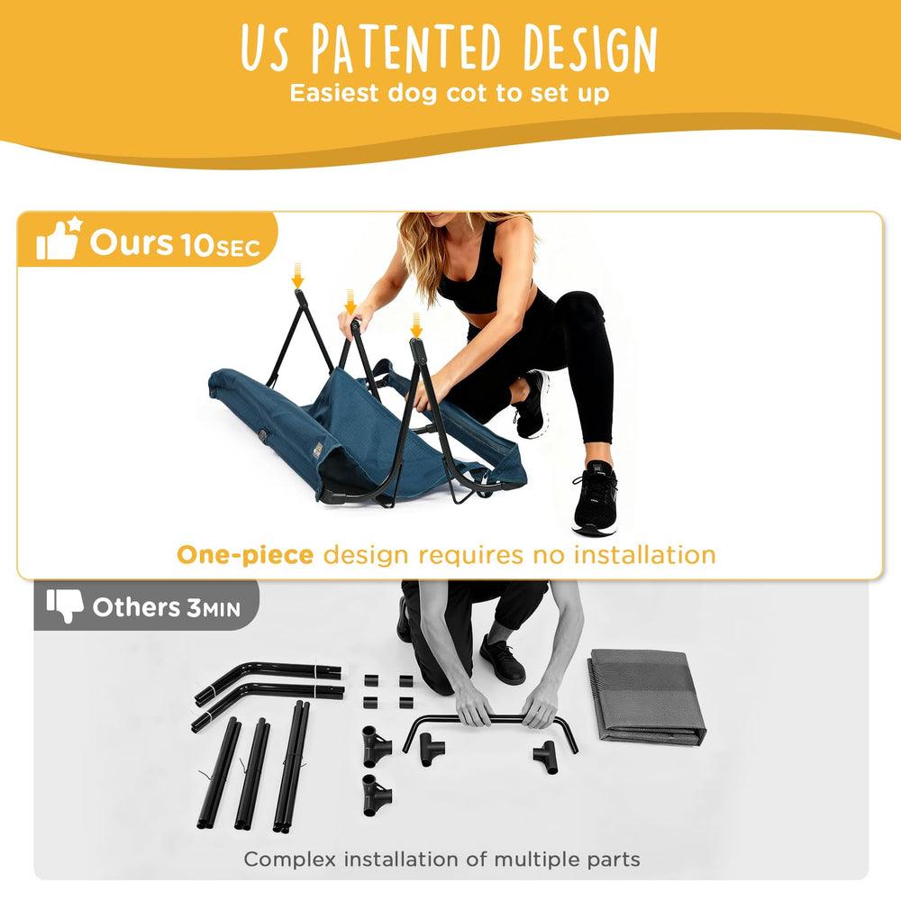 CANINE CANYON folding-raised dog cot unfolded for outdoor lounging comfort