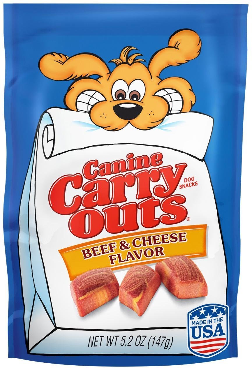 Canine Carry Outs Del Monte Beef & Cheese Flavor package with savory aroma dogs respond to