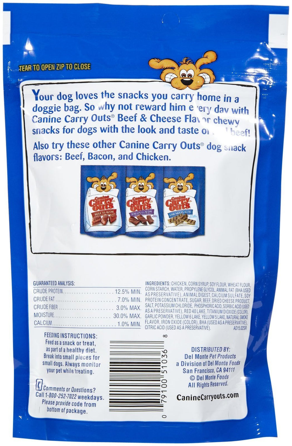 Canine Carry Outs Del Monte Beef & Cheese Flavor bite-sized snack ready for on-the-go moments