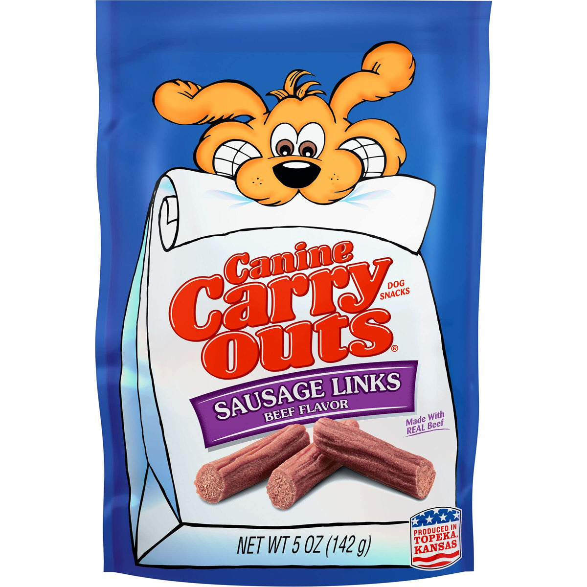 Canine Carry Outs sausage links beef snacks pack shot, ideal for daily rewards.