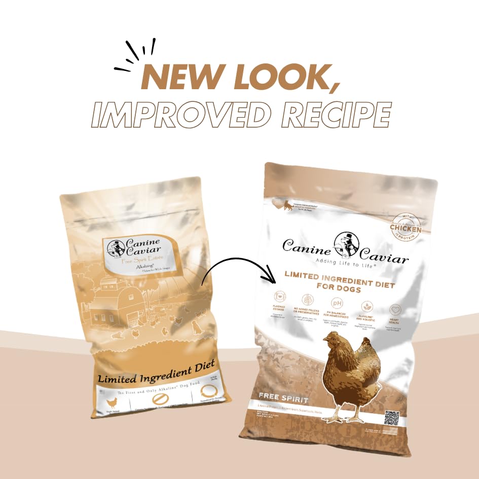 Canine Caviar Free Spirit alkaline diet packaging highlights limited ingredients for sensitive stomachs