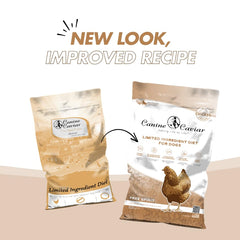 Canine Caviar Free Spirit alkaline diet packaging highlights limited ingredients for sensitive stomachs