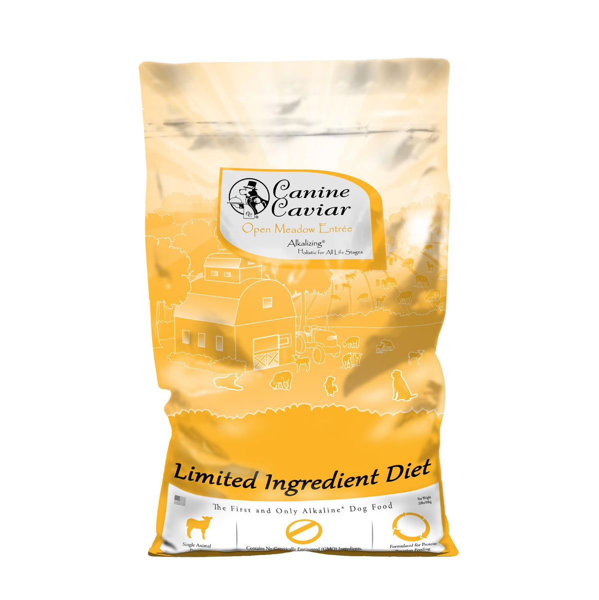 Canine Caviar Open Meadow bag front showing limited ingredients for sensitive digestion.