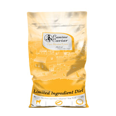 Canine Caviar Open Meadow bag front showing limited ingredients for sensitive digestion.