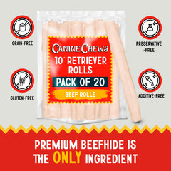 Canine Chews 10in rawhide roll close-up highlights pure beefhide, single-ingredient chew.