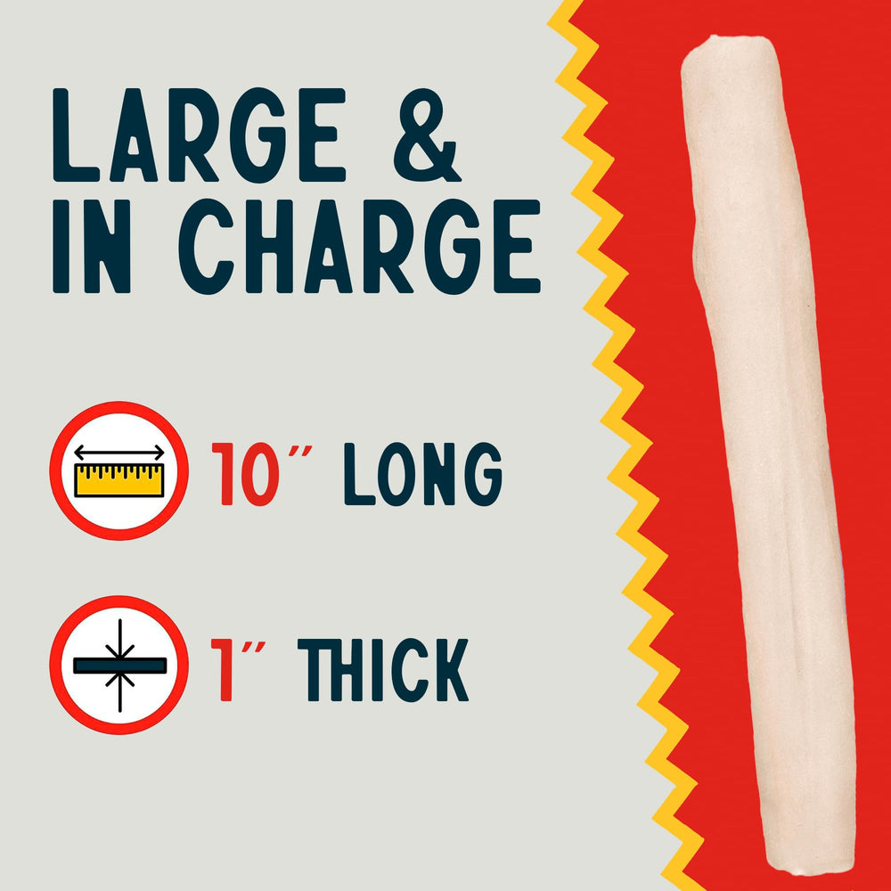 Canine Chews 10in rawhide roll arranged for large dogs, long-lasting entertainment.