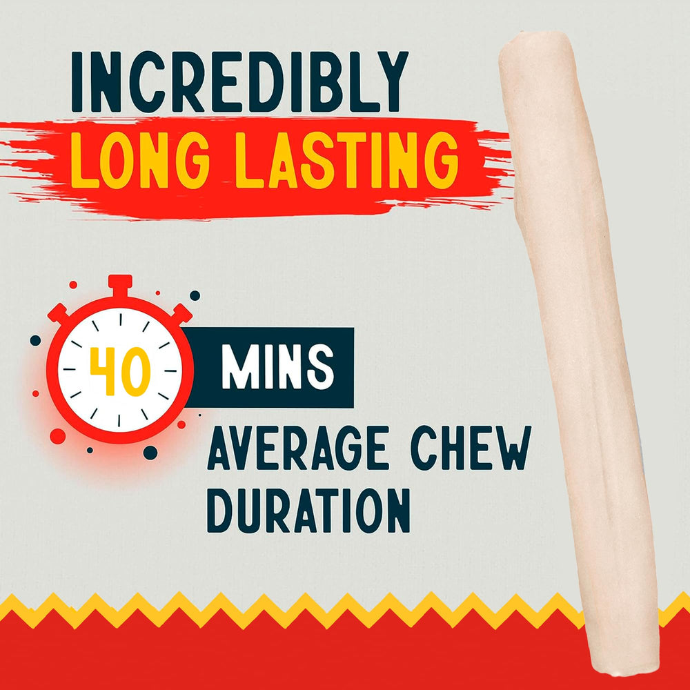Canine Chews 10in rawhide roll shows rolled single-sheet construction for consistency.