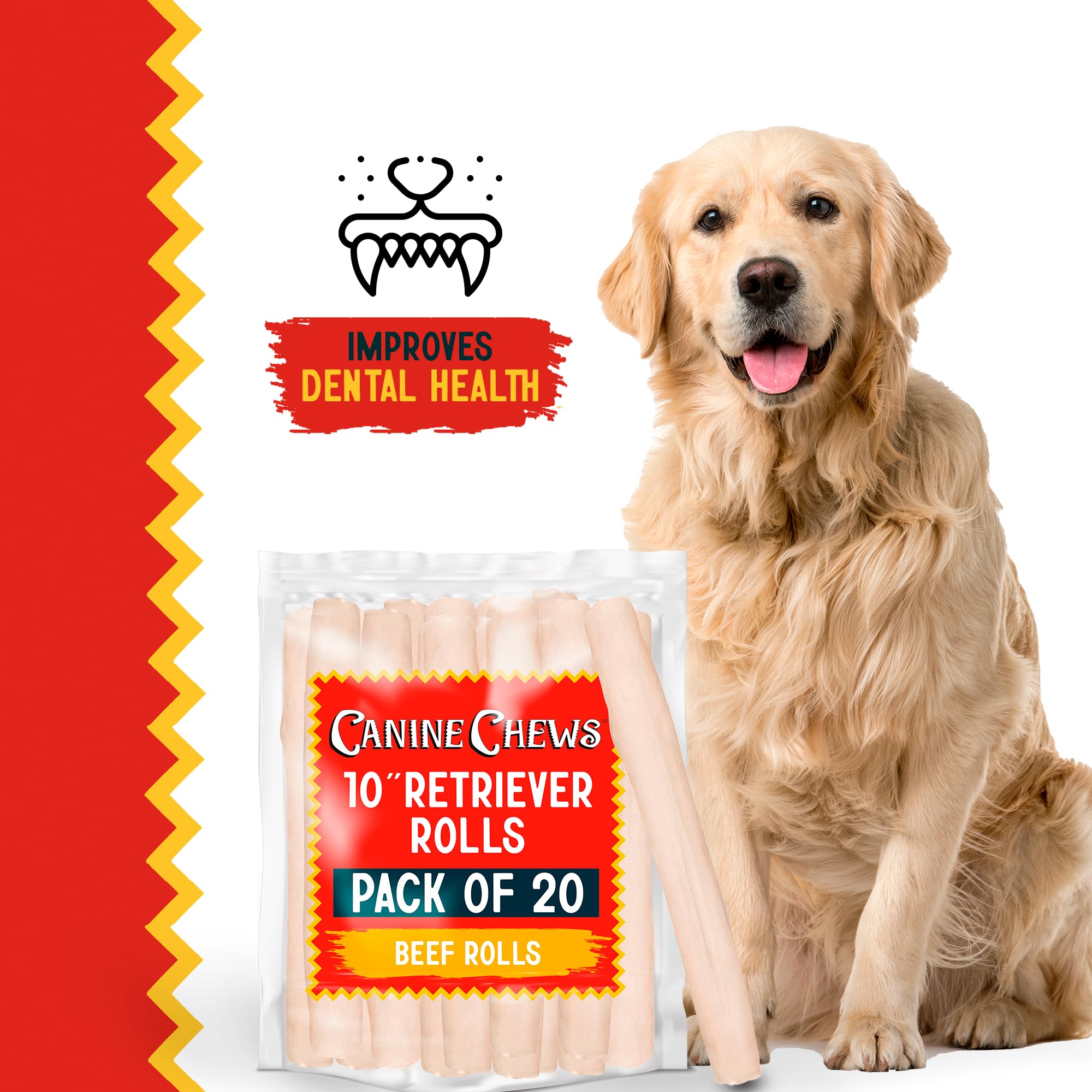 Canine Chews 10in rawhide roll uses USA-sourced beef for quality.