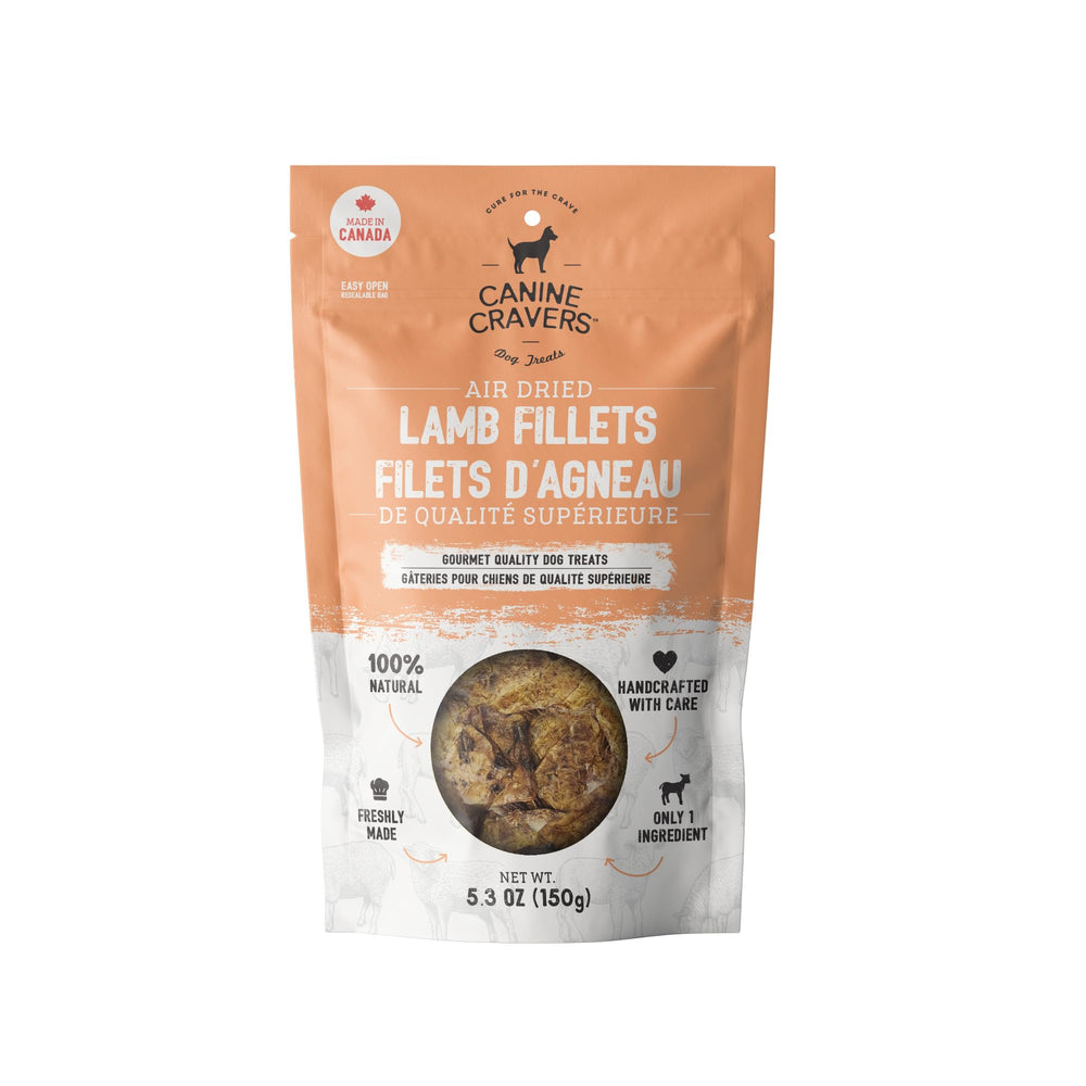 Canine Cravers lamb fillets packaging highlights premium single-ingredient dog treats.