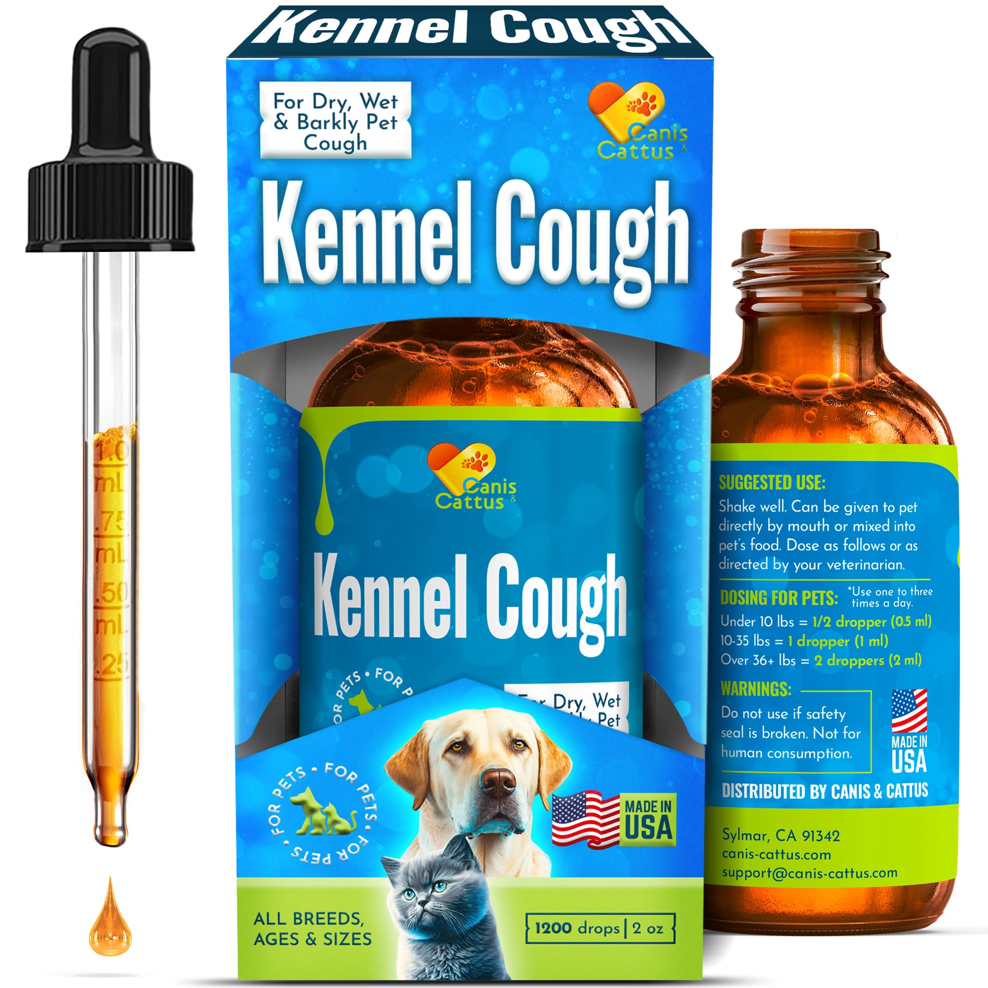 Canis&Cattus kennel cough treatment bottle illustrating calm breathing support for dogs and cats.