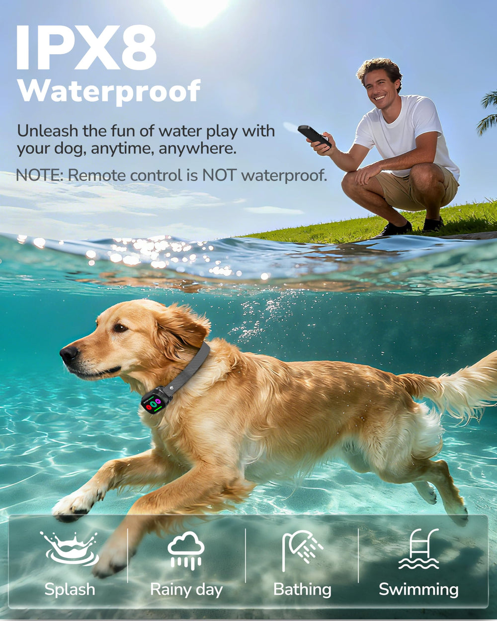 Canivix dog collar receiver is IPX8 waterproof for swimming and rain