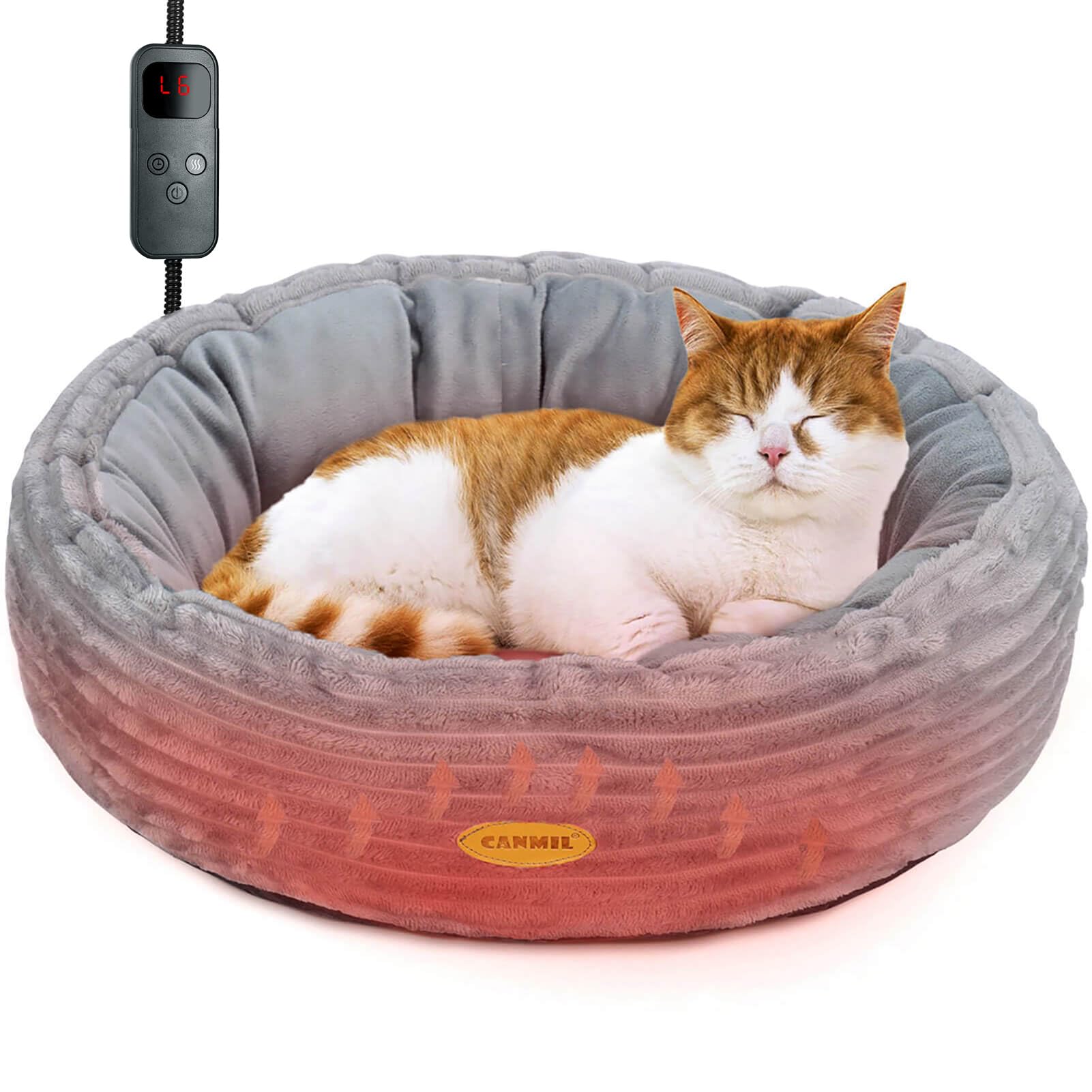 CANMIL heated cat bed donut shape provides cozy warmth and security for pets.
