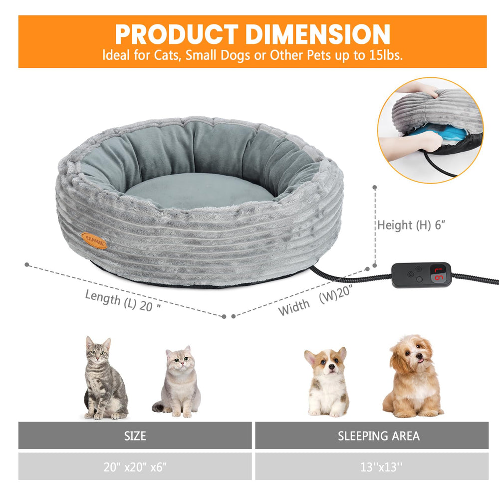 CANMIL heated cat bed machine-washable with removable heater for easy cleaning.