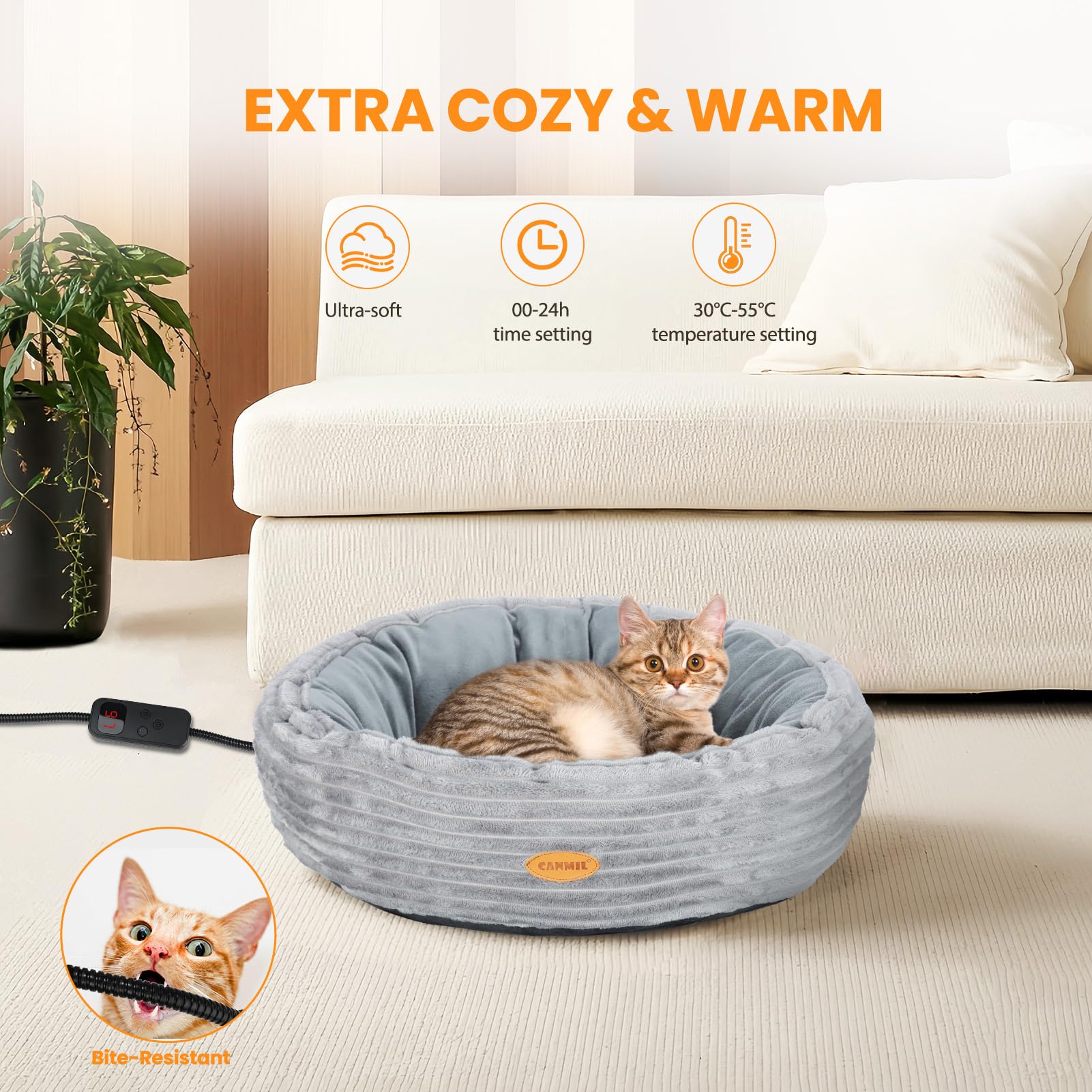 CANMIL heated cat bed thermostat controls deliver adjustable comfort and energy efficiency.