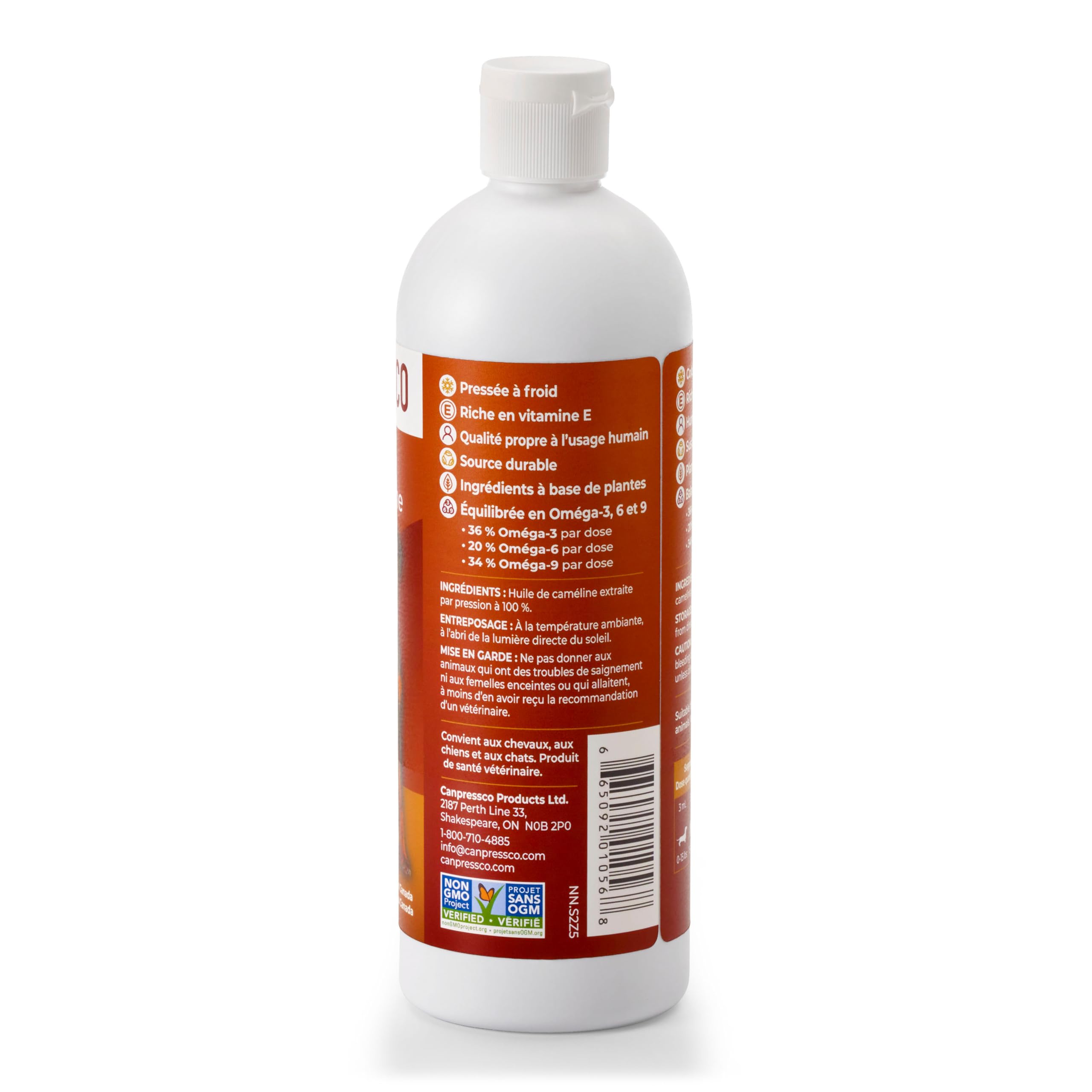 Canpressco Camelina Oil pour showing drizzle for easy pet supplement use.