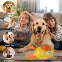 Canumer interactive puzzle dog toy action shows button-press mechanism encouraging problem-solving.