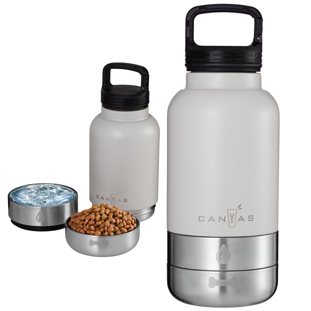 CANYAS insulated 32oz dog water bottle with lid open for quick outdoor hydration.