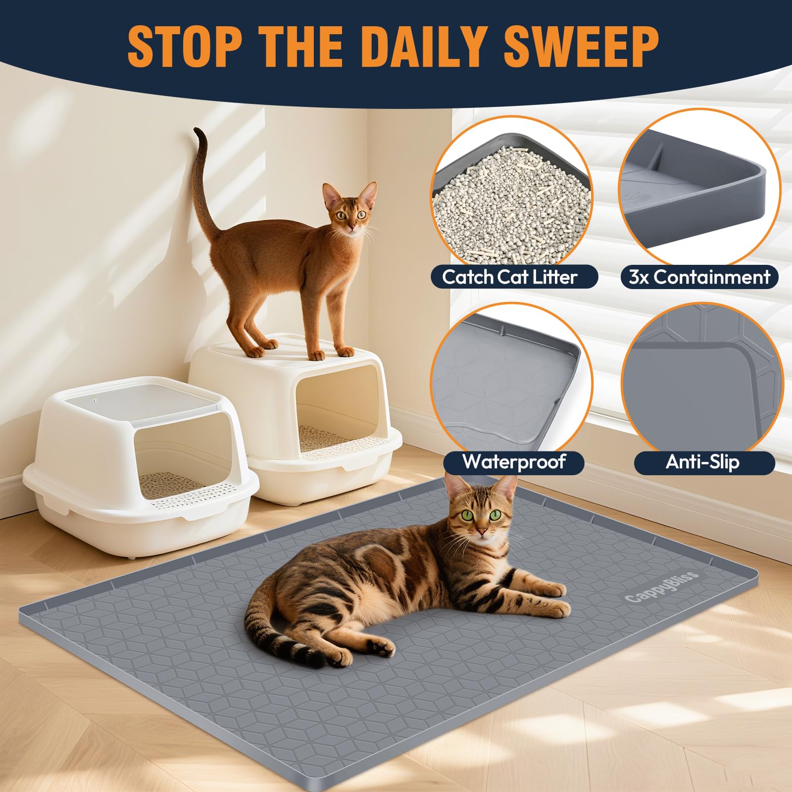 CappyBliss mat under litter box provides waterproof protection and easy cleanup.