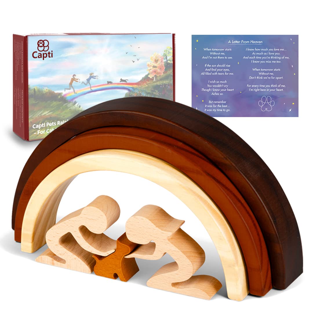 Capti Rainbow Bridge cat memorial statue sits on a mantle, offering comforting remembrance.
