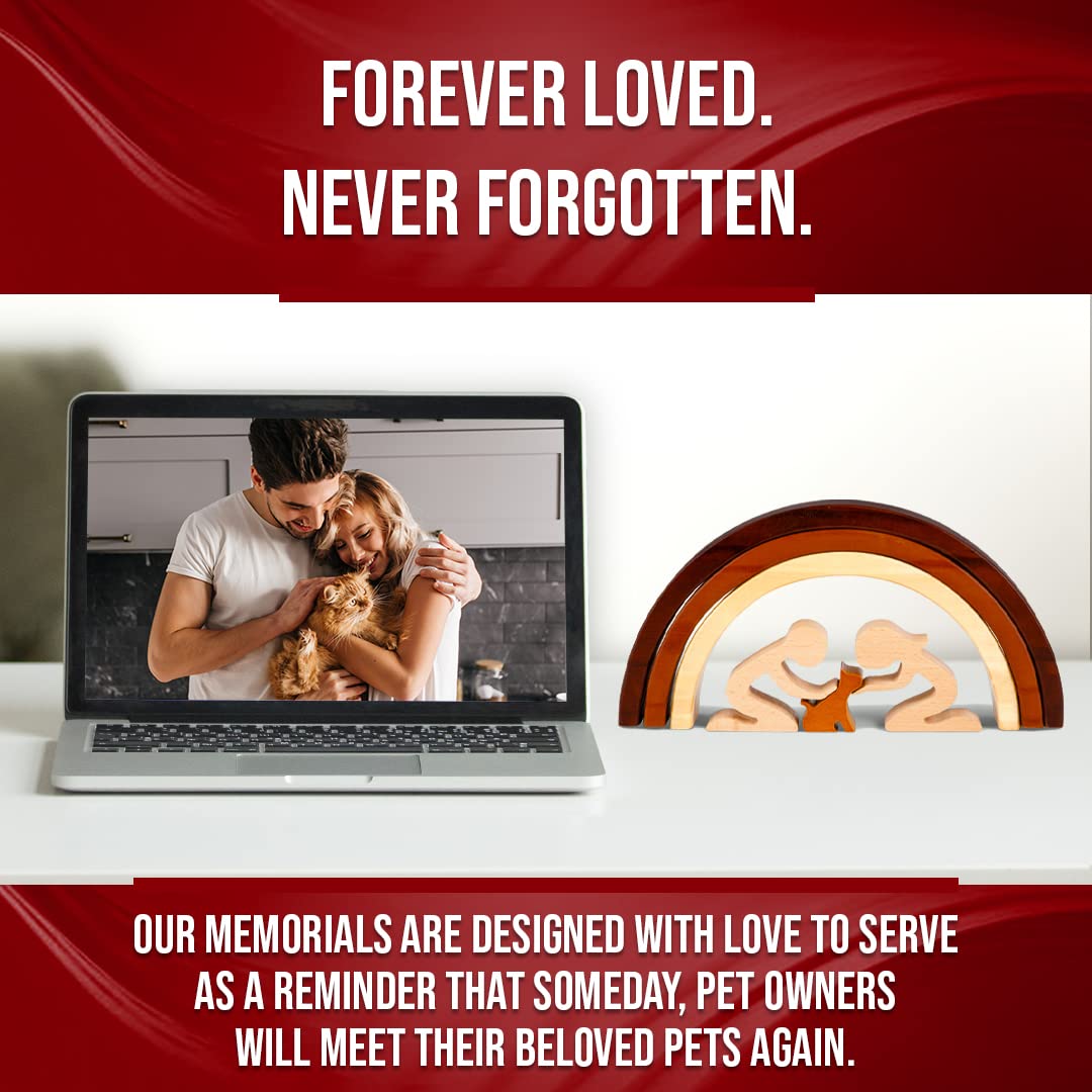 Capti Rainbow Bridge handcrafted cat memorial closeup highlights wood grain and artisanal care.