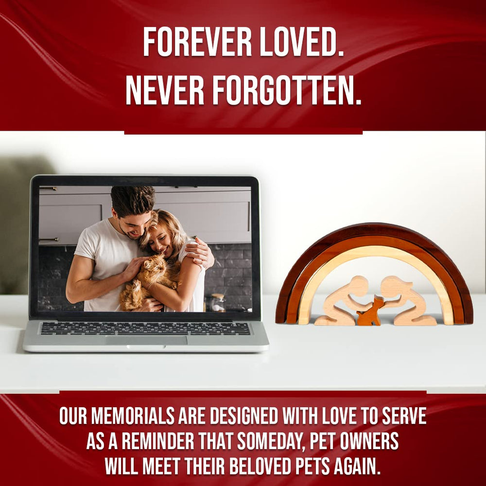 Capti Rainbow Bridge handcrafted cat memorial closeup highlights wood grain and artisanal care.