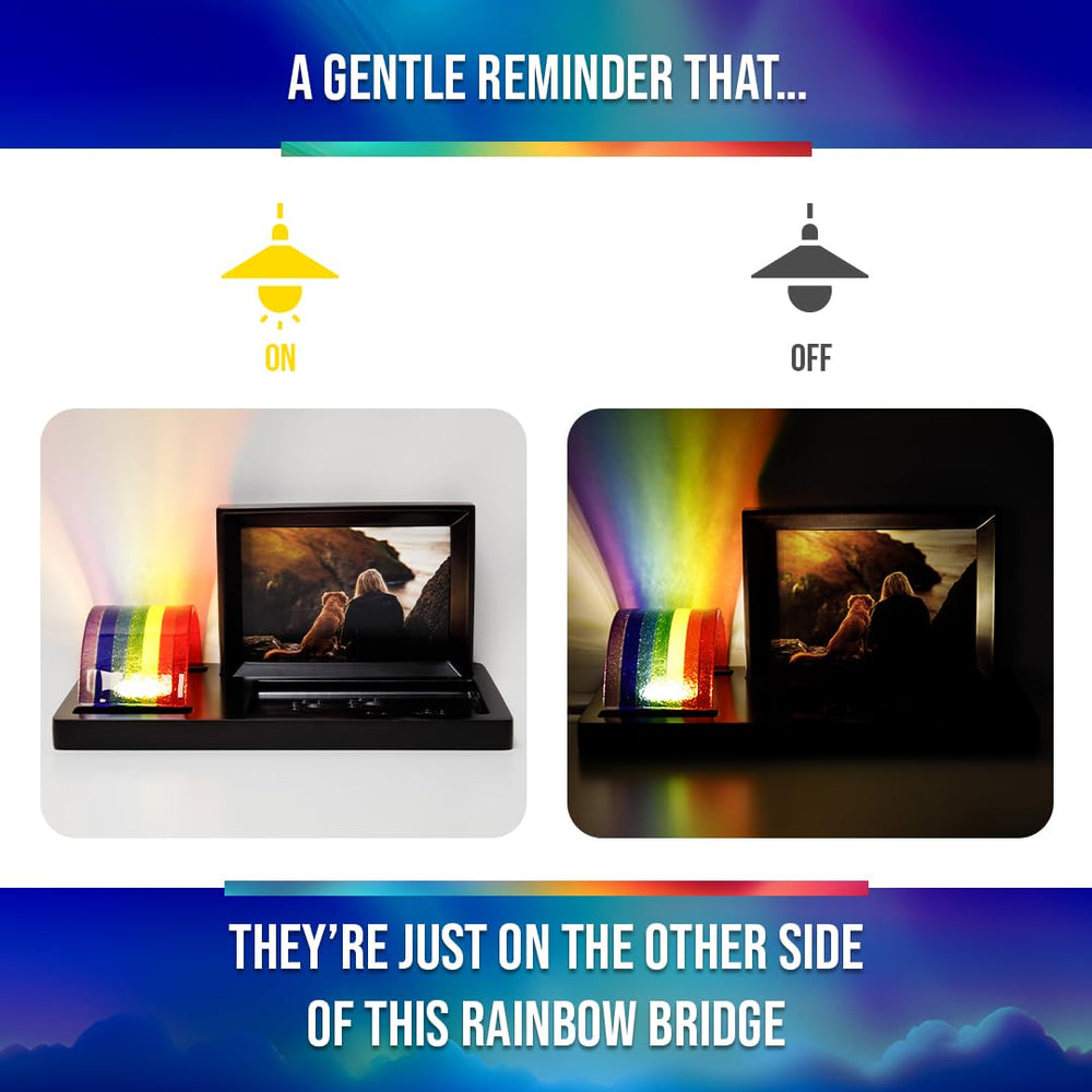 Capti Rainbow Bridge LED glow on frame enhances pet remembrance at dusk.