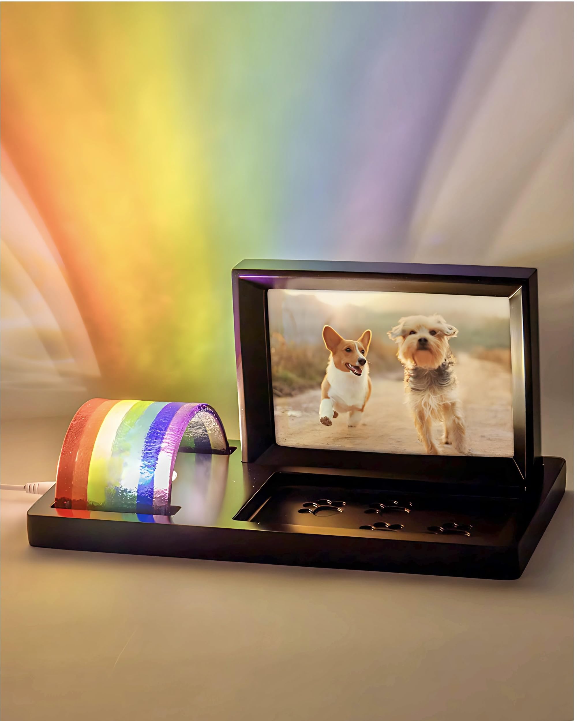 Capti Rainbow Bridge light frame setup showing LED glow and memorial ambiance.