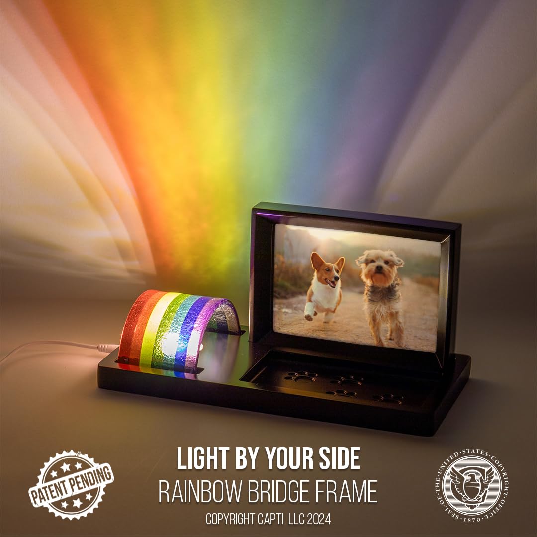 Capti Rainbow Bridge memorial display on shelf or table for daily remembrance.