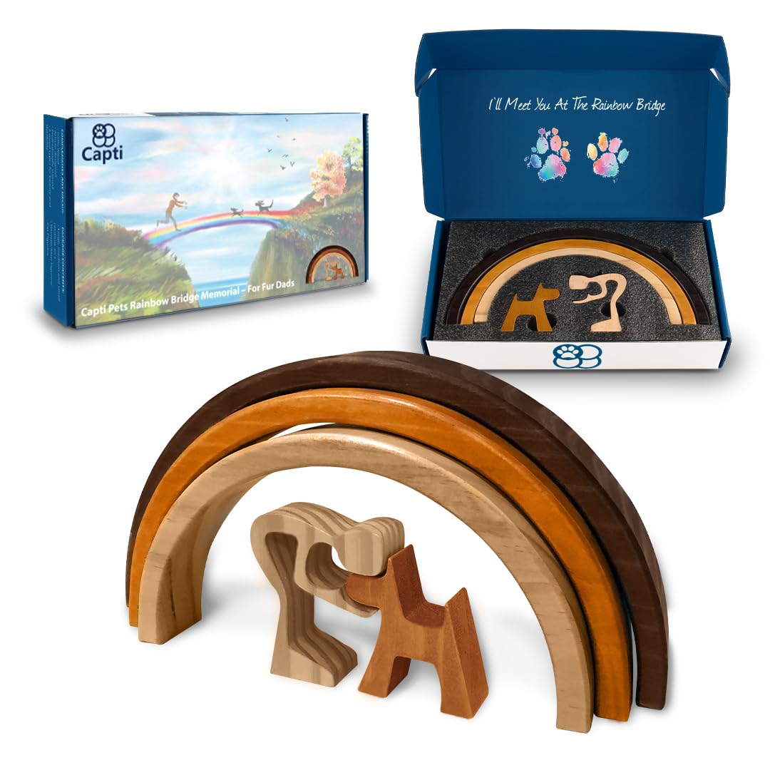 Capti Rainbow Bridge memorial on mantle shows a handcrafted wooden keepsake to ease pet loss grief.