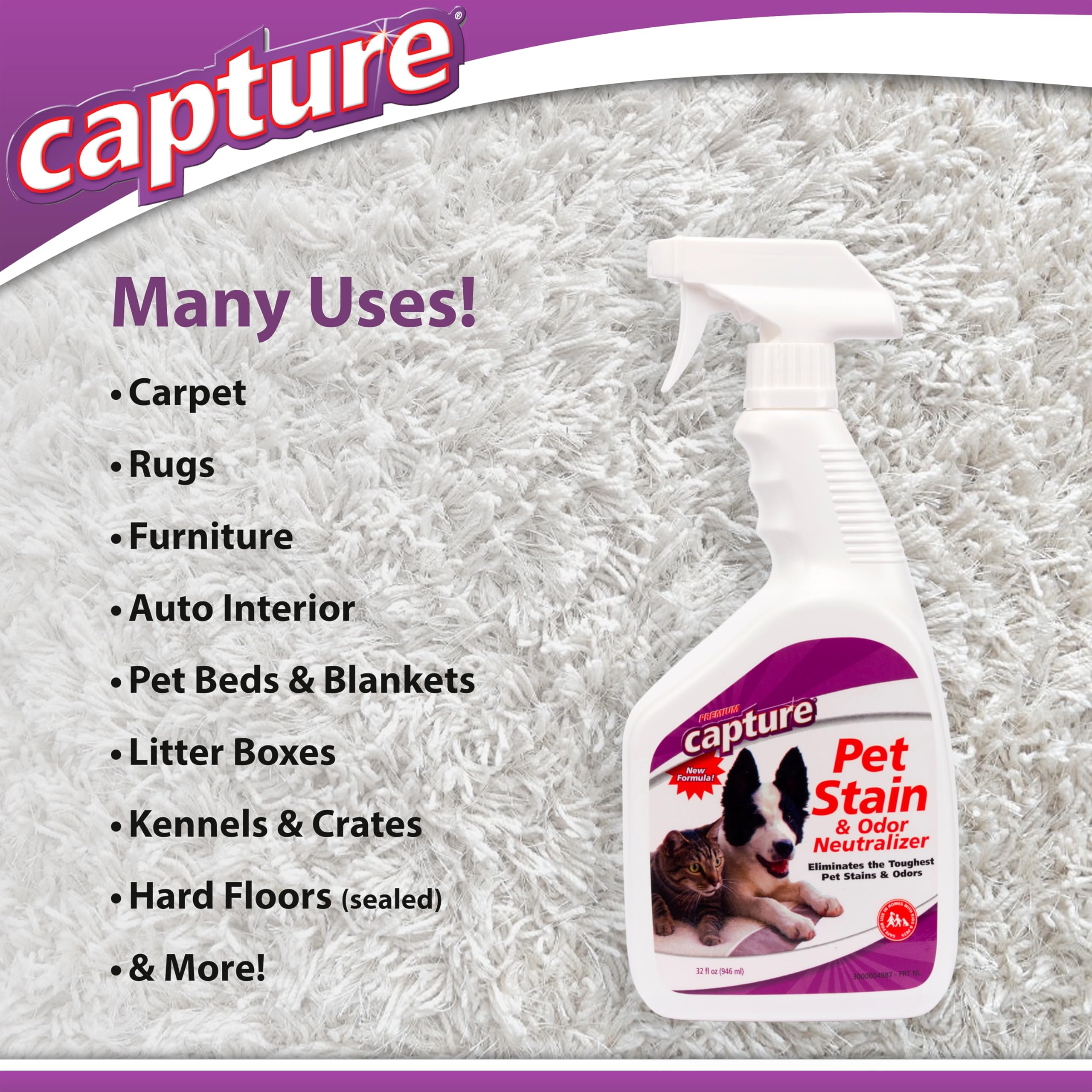 Close-up of Capture remover being sprayed on upholstery for odor reduction