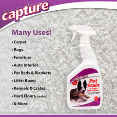 Close-up of Capture remover being sprayed on upholstery for odor reduction