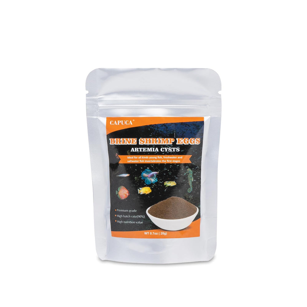 Capuca Brine Shrimp Eggs sealed bag close-up highlighting freshness and hatch potential