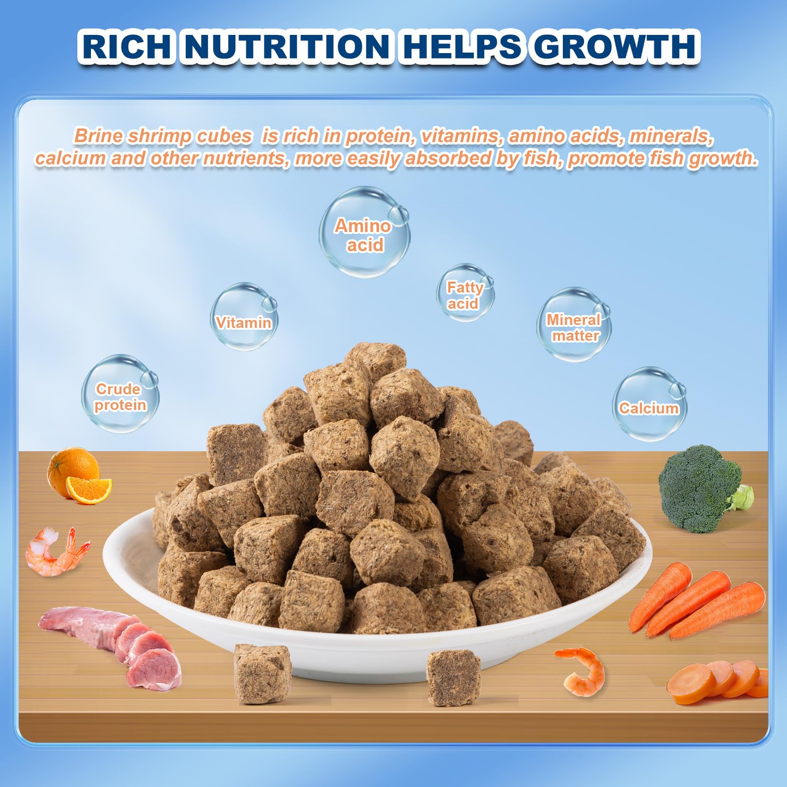 Capuca Freeze Dried Brine Shrimp Cubes closeup highlights protein-rich texture for quick feeding