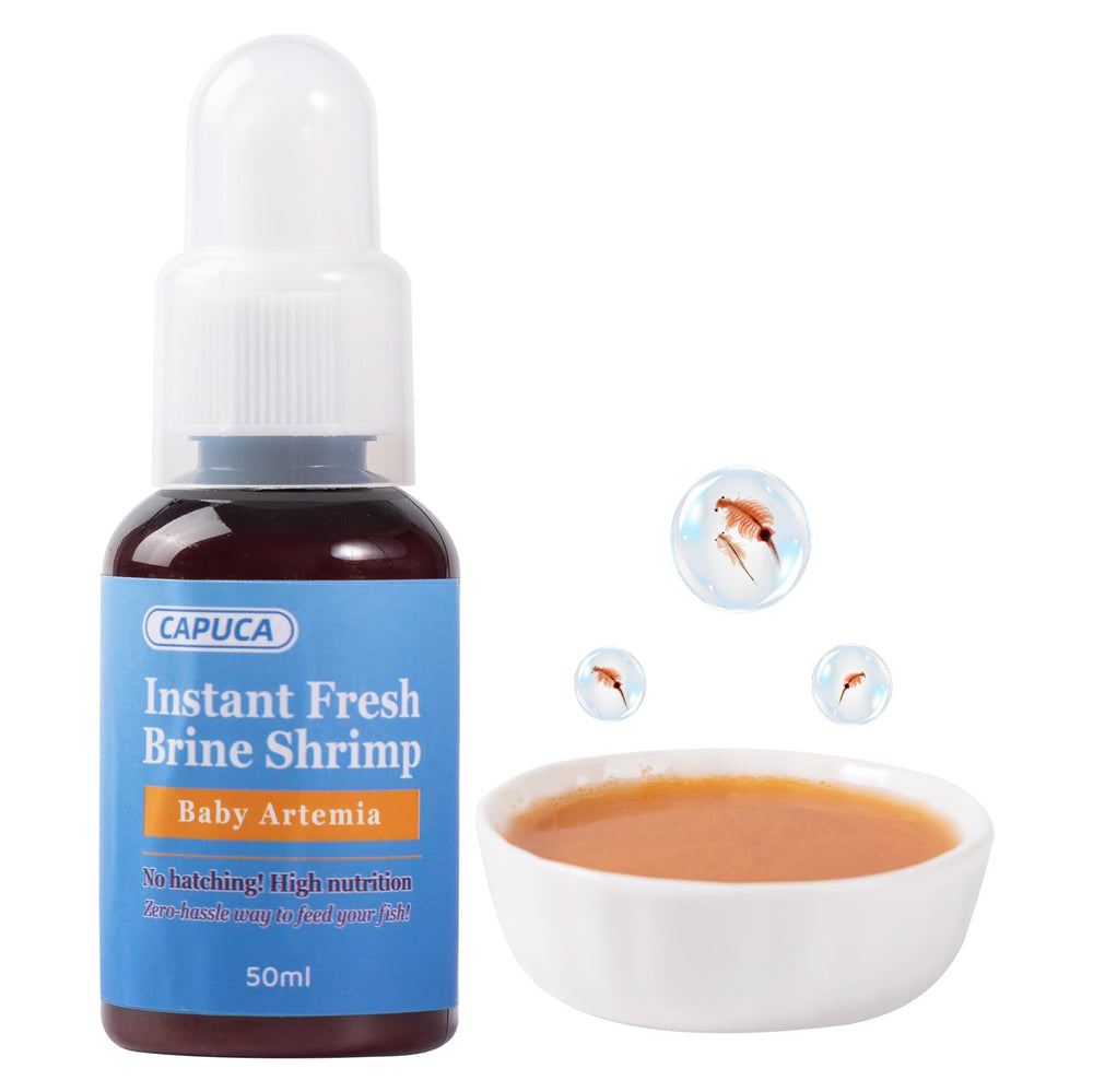 Capuca Instant Baby Brine Shrimp Food bottle illustrates nutrient-rich fry nutrition for growth.