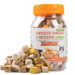 Capuca en frasco portátil 5-en-1 para gatos y perros, snack liofilizado.