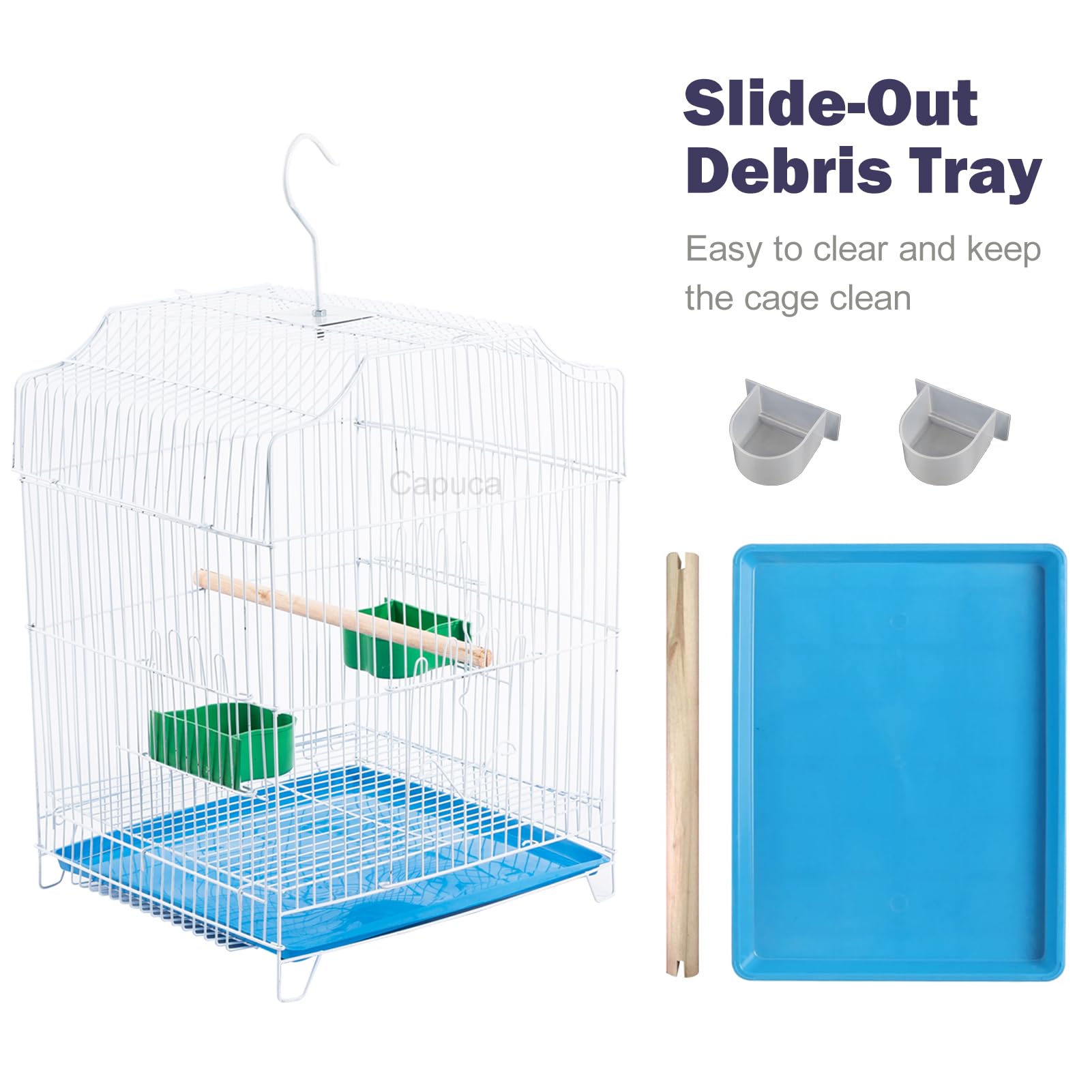Capuca small bird travel cage blue assembled with hooks for outdoor use.