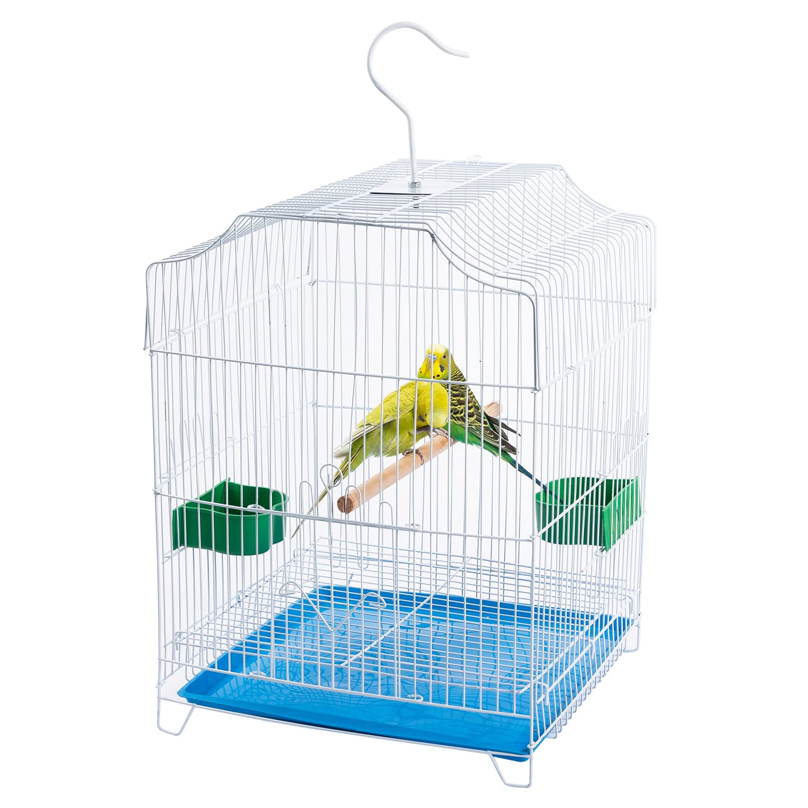 Capuca small bird travel cage blue side view showing portable design.