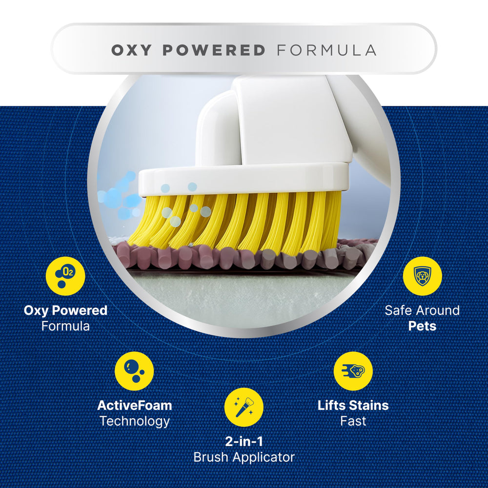 Carbona Oxy-Powered Pet Stain Remover applicator bristles reach deep fibers for tough stains.