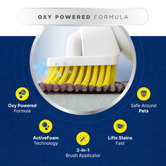 Carbona Oxy-Powered Pet Stain Remover applicator bristles reach deep fibers for tough stains.