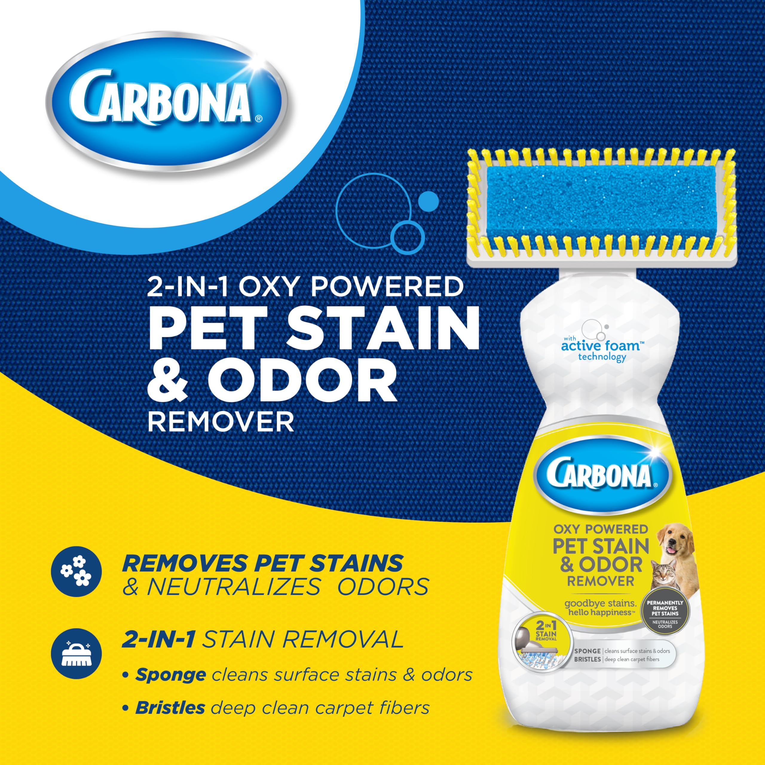 Carbona Oxy-Powered Pet Stain Remover applicator sponge cleans surface stains and odors.