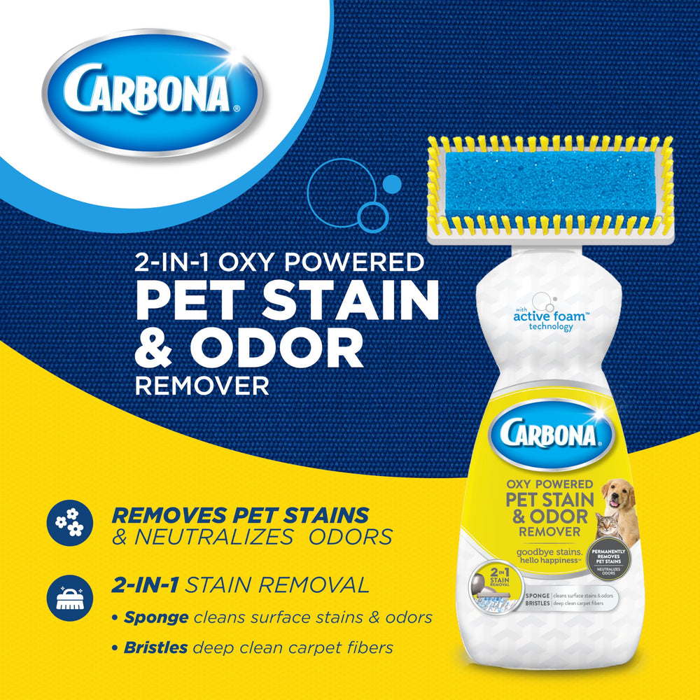 Carbona Oxy-Powered Pet Stain Remover applicator sponge cleans surface stains and odors.