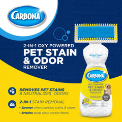 Carbona Oxy-Powered Pet Stain Remover applicator sponge cleans surface stains and odors.