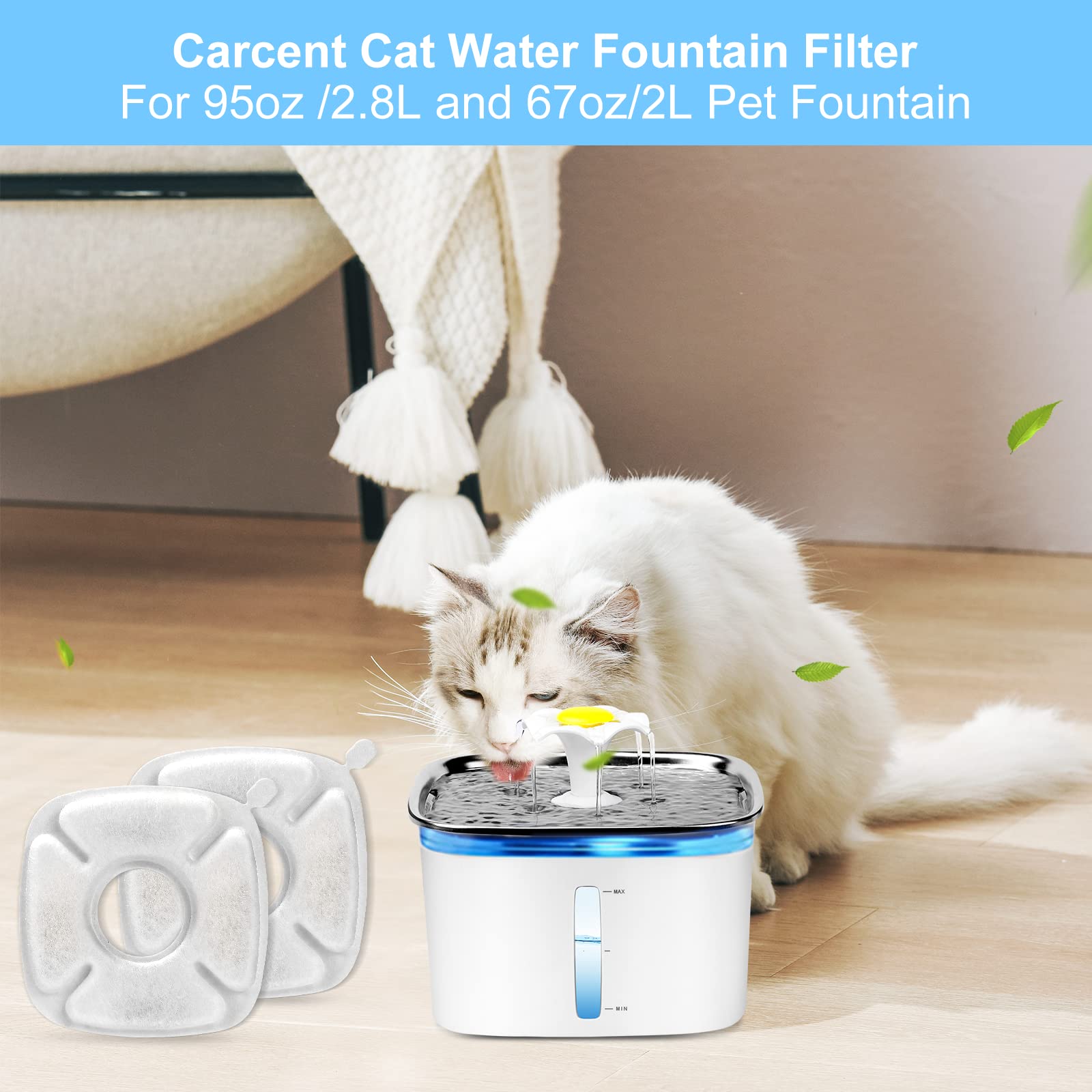 Carcent cat fountain filters 3-layer filtration close-up highlights cotton, carbon, and resin for better-tasting water.