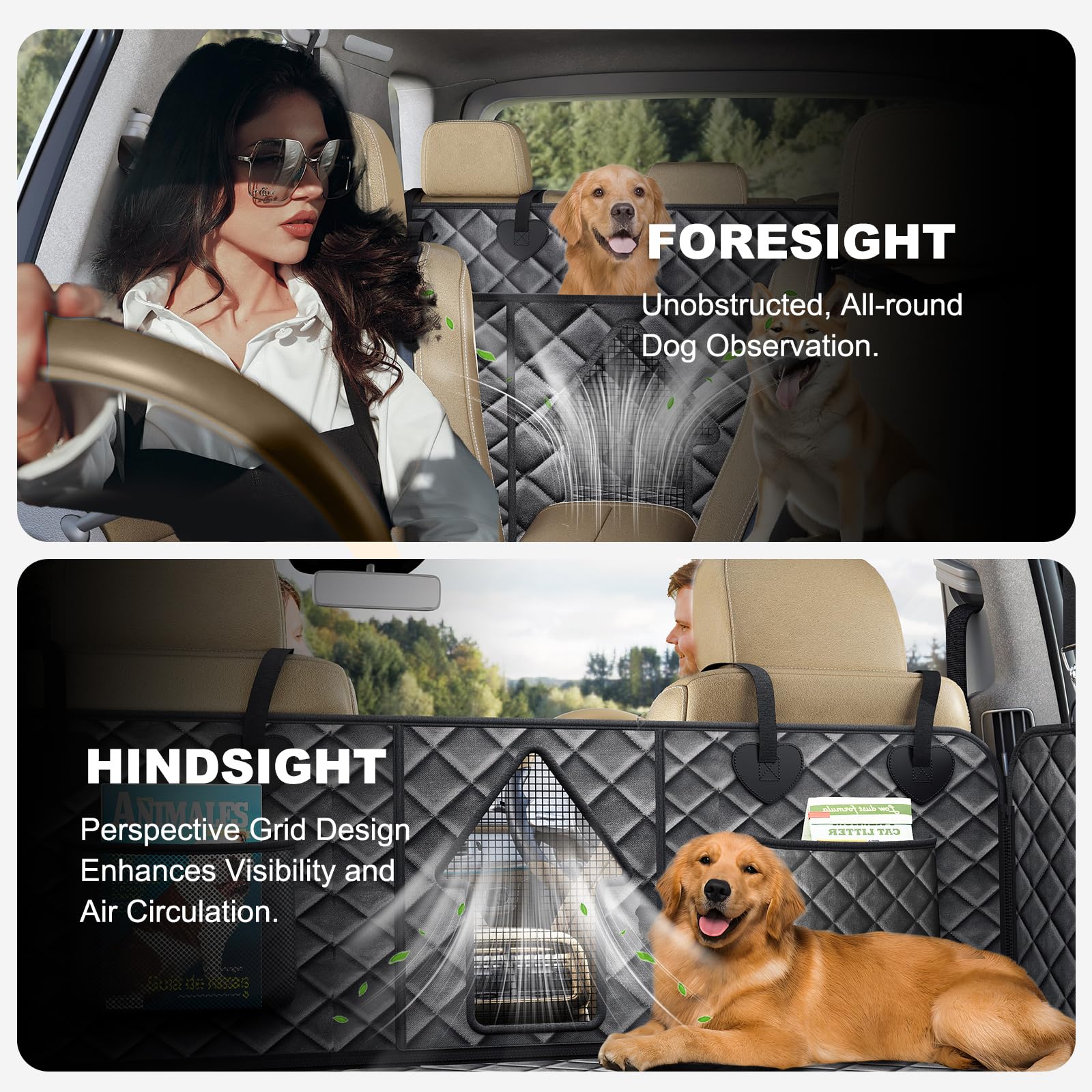 CarChic breathable mesh window illustrating airflow and reduced dog anxiety during trips
