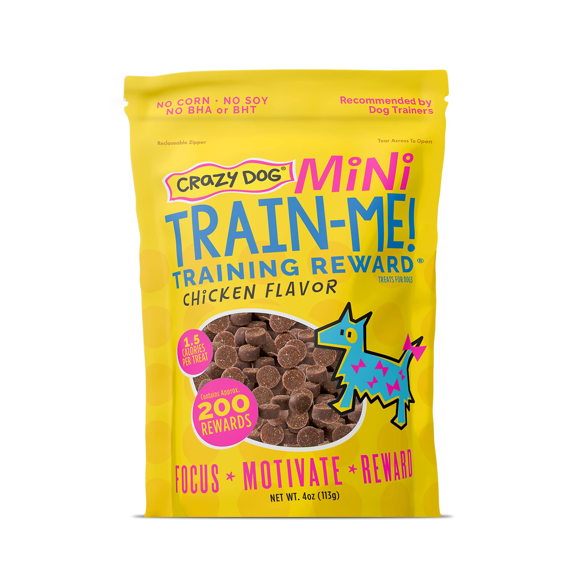 Cardinal Pet Care Crazy Dog Train-Me bag packaging shows the reward for training.