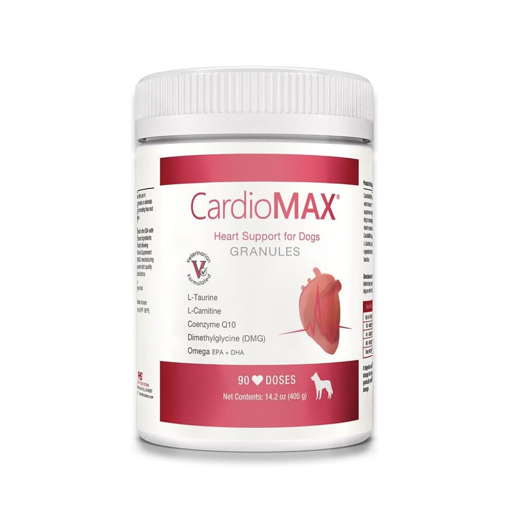CARDIOMAX heart-support granules bottle aids daily heart health for dogs.
