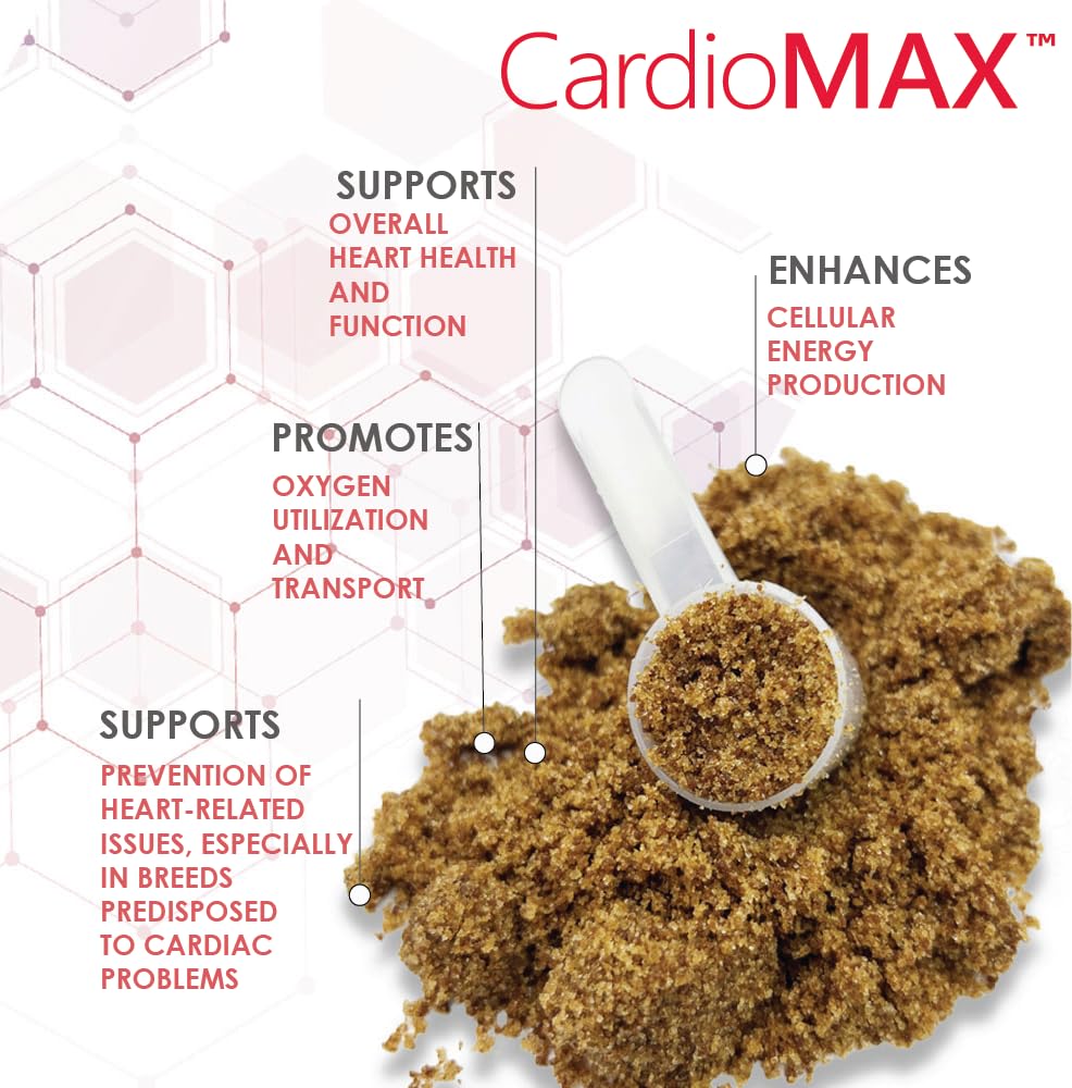 CARDIOMAX taurine-rich granules packaging showcases liver-flavored formula loved by dogs.