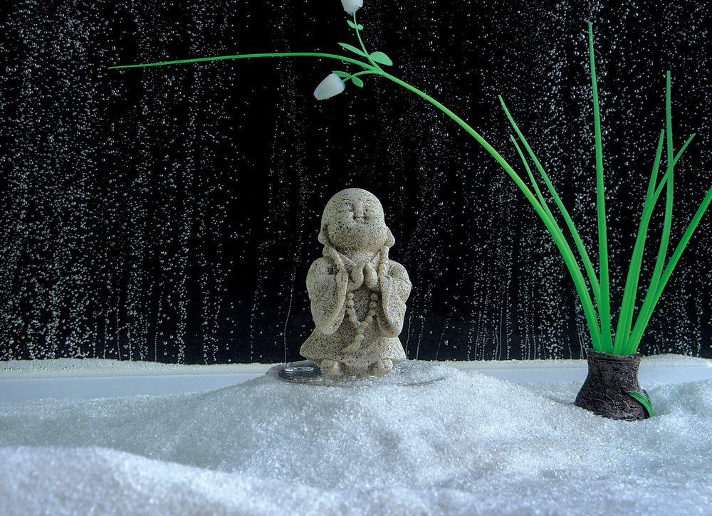 Carefree Fish Buddha statue fish-tank-decor complements aquatic setups with tranquil presence.