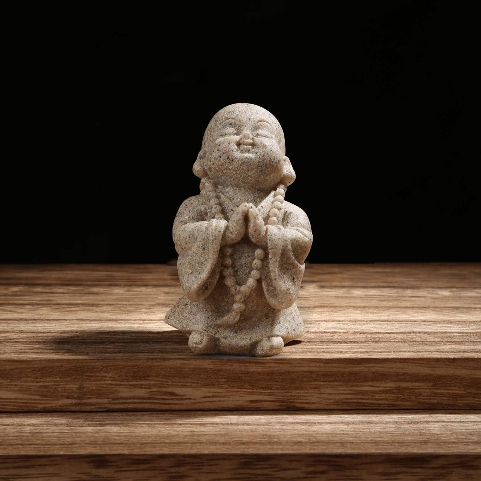 Carefree Fish Buddha statue minimalist-sandstone for tranquil shelf decor and calm ambiance.